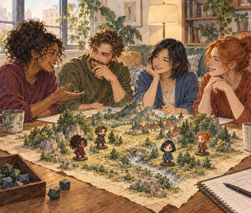 现代玩家围桌共同创造奇幻世界，桌面棋子对应四位玩家